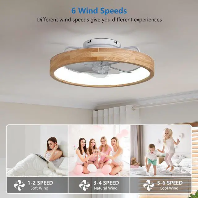 Alt view image 3 of 7 - 20 inchs Low Profile Ceiling Fans with Lights and Remote Flush Mount Wooden Ceiling Fan and Light,3000-6000K Dimmable Led Fan Lighting Timing 6 Speeds Reversible Small Fans Light for Bedroom