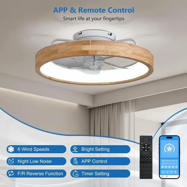 Alt view image 2 of 7 - 20 inchs Low Profile Ceiling Fans with Lights and Remote Flush Mount Wooden Ceiling Fan and Light,3000-6000K Dimmable Led Fan Lighting Timing 6 Speeds Reversible Small Fans Light for Bedroom