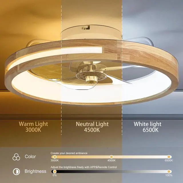 Alt view image 5 of 7 - 20 inchs Ceiling Fans with Lights and Remote Low Profile Flush Mount Ceiling Fan with Light,3000-6000K Led Fan Lighting 6 Speed Reversible Quiet Wooden Small Fans and Light for Bedroom Kitchen