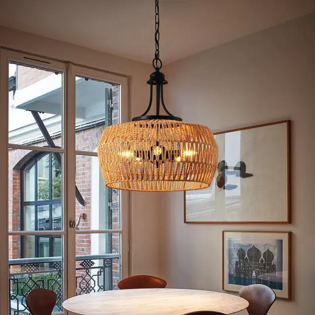 Alt view image 2 of 7 - 19" Boho Hemp Rope Pendant Light, Hand-Woven Jute Hanging Lamp with Adjustable Chain, Natural Rope Shade Ceiling Light Fixture for Kitchen Island, Dining Room, Or Entryway (Bulb Not included)
