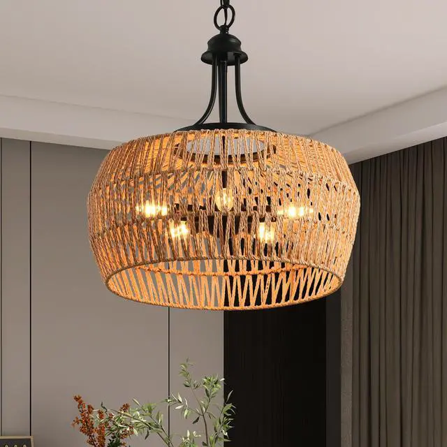 Main image of 19" Boho Hemp Rope Pendant Light, Hand-Woven Jute Hanging Lamp with Adjustable Chain, Natural Rope Shade Ceiling Light Fixture for Kitchen Island, Dining Room, Or Entryway (Bulb Not included)