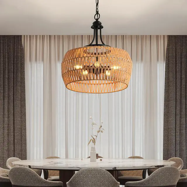 Alt view image 3 of 7 - 19" Boho Hemp Rope Pendant Light, Hand-Woven Jute Hanging Lamp with Adjustable Chain, Natural Rope Shade Ceiling Light Fixture for Kitchen Island, Dining Room, Or Entryway (Bulb Not included)