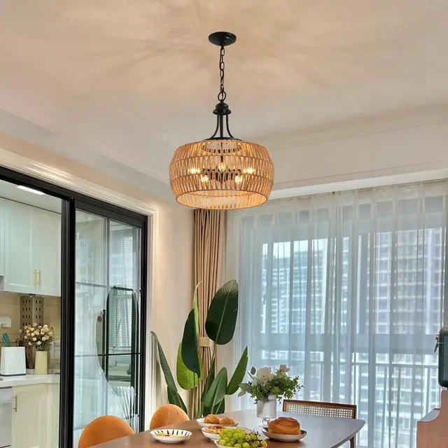 Alt view image 5 of 7 - 19" Boho Hemp Rope Pendant Light, Hand-Woven Jute Hanging Lamp with Adjustable Chain, Natural Rope Shade Ceiling Light Fixture for Kitchen Island, Dining Room, Or Entryway (Bulb Not included)