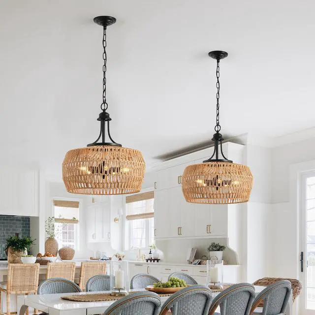 Alt view image 6 of 7 - 19" Boho Hemp Rope Pendant Light, Hand-Woven Jute Hanging Lamp with Adjustable Chain, Natural Rope Shade Ceiling Light Fixture for Kitchen Island, Dining Room, Or Entryway (Bulb Not included)