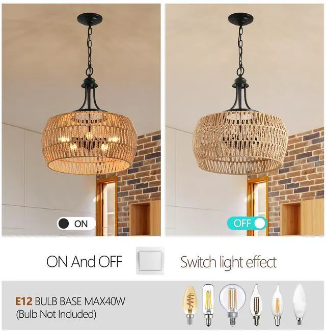 Alt view image 7 of 7 - 19" Boho Hemp Rope Pendant Light, Hand-Woven Jute Hanging Lamp with Adjustable Chain, Natural Rope Shade Ceiling Light Fixture for Kitchen Island, Dining Room, Or Entryway (Bulb Not included)