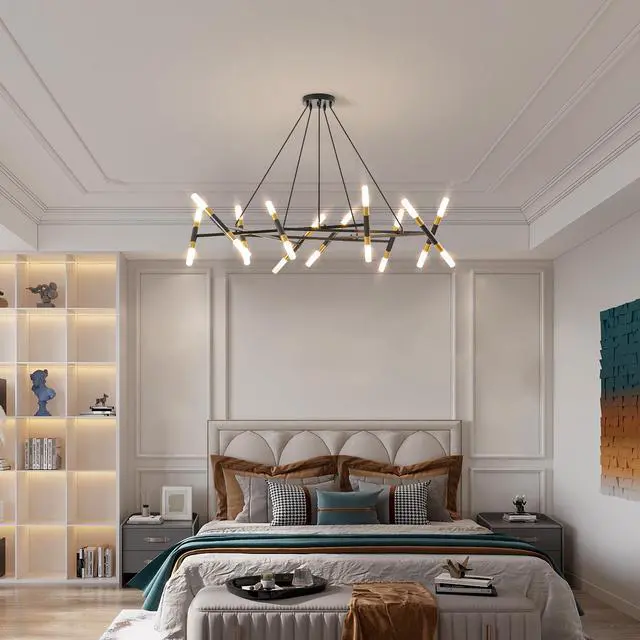 Alt view image 2 of 7 - 41" Black & Golden Modern Chandelier Light Fixture, Branch Design with Frosted Tubes, Black Cords, Adjustable Height Pendant Light for Dining Room, Living Room, Or Kitchen Island (Bulb Not included)