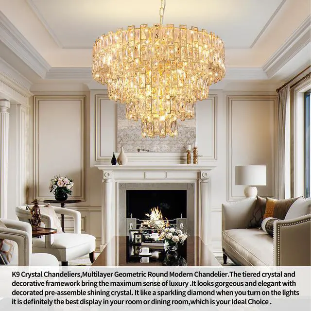 Alt view image 4 of 5 - Gold Luxury Crystal Chandelier for Dining Room, 32-inch Modern Ceiling Light, French Empire Style with Premium K9 Crystals, Elegant Gold Finish, Perfect for Living Room Or Bedroom, 21-Light Fixture