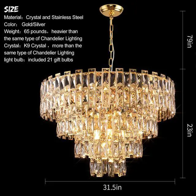 Alt view image 5 of 5 - Gold Luxury Crystal Chandelier for Dining Room, 32-inch Modern Ceiling Light, French Empire Style with Premium K9 Crystals, Elegant Gold Finish, Perfect for Living Room Or Bedroom, 21-Light Fixture