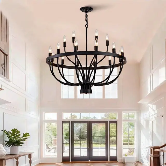 Alt view image 2 of 7 - industrial Black Chandelier Rustic Vintage 18-Lights Candle Style Chandeliers Light Fixture Large Retro Black Chandelier for Dining Room, Kitchen Island, Living Room, E12