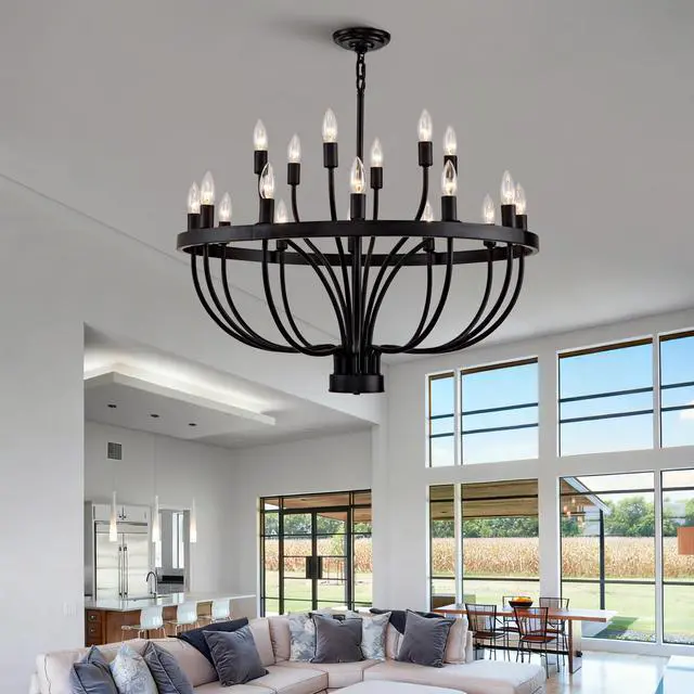 Main image of industrial Black Chandelier Rustic Vintage 18-Lights Candle Style Chandeliers Light Fixture Large Retro Black Chandelier for Dining Room, Kitchen Island, Living Room, E12