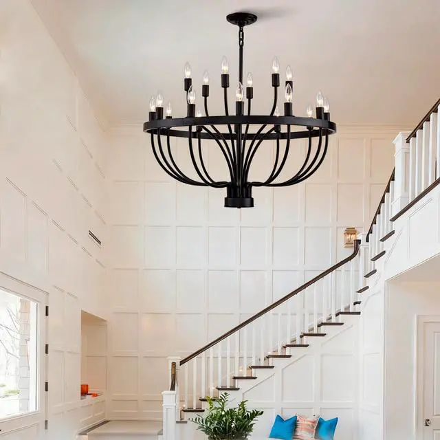Alt view image 4 of 7 - industrial Black Chandelier Rustic Vintage 18-Lights Candle Style Chandeliers Light Fixture Large Retro Black Chandelier for Dining Room, Kitchen Island, Living Room, E12