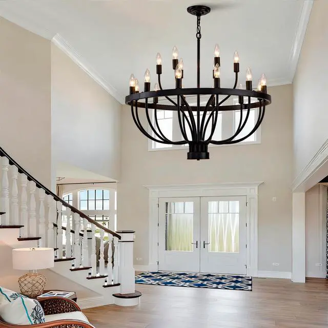 Alt view image 3 of 7 - industrial Black Chandelier Rustic Vintage 18-Lights Candle Style Chandeliers Light Fixture Large Retro Black Chandelier for Dining Room, Kitchen Island, Living Room, E12