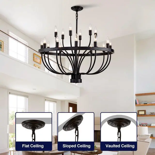 Alt view image 7 of 7 - industrial Black Chandelier Rustic Vintage 18-Lights Candle Style Chandeliers Light Fixture Large Retro Black Chandelier for Dining Room, Kitchen Island, Living Room, E12