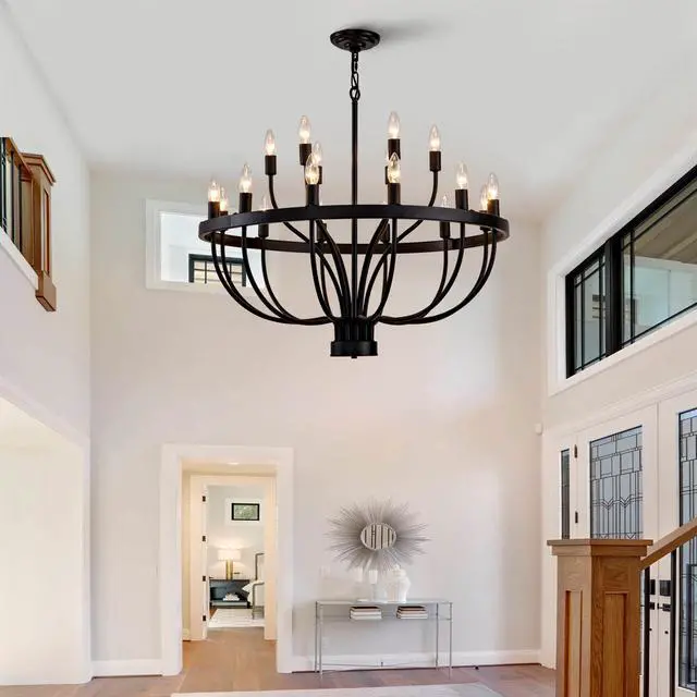 Alt view image 5 of 7 - industrial Black Chandelier Rustic Vintage 18-Lights Candle Style Chandeliers Light Fixture Large Retro Black Chandelier for Dining Room, Kitchen Island, Living Room, E12