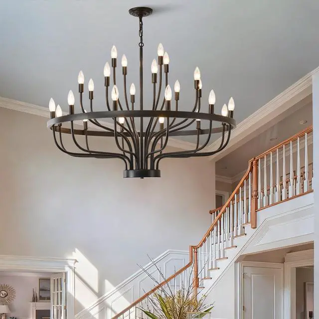 Alt view image 4 of 7 - industrial Black Chandelier Rustic Vintage 24-Lights Candle Style Chandeliers Light Fixture Large Retro Black Chandelier for Dining Room, Kitchen Island, Living Room, E12