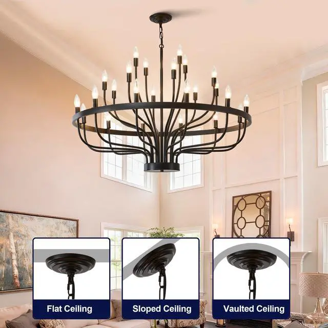 Alt view image 7 of 7 - industrial Black Chandelier Rustic Vintage 24-Lights Candle Style Chandeliers Light Fixture Large Retro Black Chandelier for Dining Room, Kitchen Island, Living Room, E12