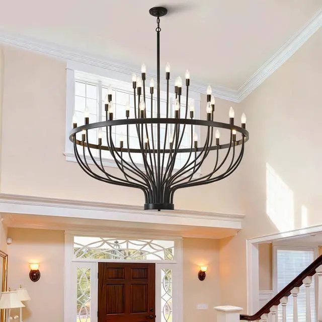 Alt view image 2 of 7 - industrial Black Chandelier Rustic Vintage 33-Lights Candle Style Chandeliers Light Fixture Large Retro Black Chandelier for Dining Room, Kitchen Island, Living Room, E12
