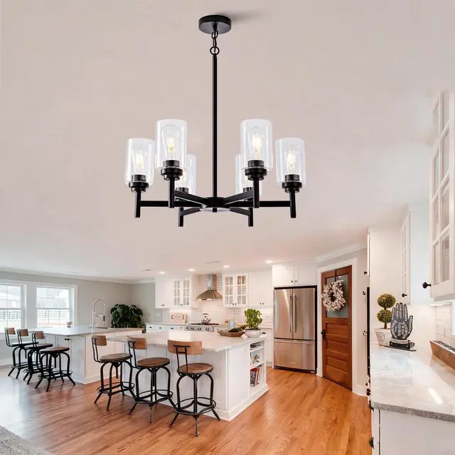 Alt view image 2 of 7 - Farmhouse 6-Light Glass Chandelier, Modern Black Light Fixture for Kitchen Dining Room Over Table, industrial Lighting for Living Room, Foyer, Entryway, E26 Bulb Base