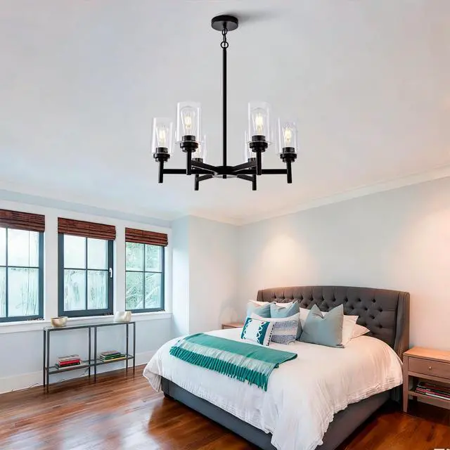 Alt view image 3 of 7 - Farmhouse 6-Light Glass Chandelier, Modern Black Light Fixture for Kitchen Dining Room Over Table, industrial Lighting for Living Room, Foyer, Entryway, E26 Bulb Base