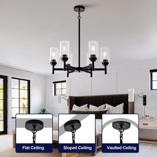 Alt view image 7 of 7 - Farmhouse 6-Light Glass Chandelier, Modern Black Light Fixture for Kitchen Dining Room Over Table, industrial Lighting for Living Room, Foyer, Entryway, E26 Bulb Base