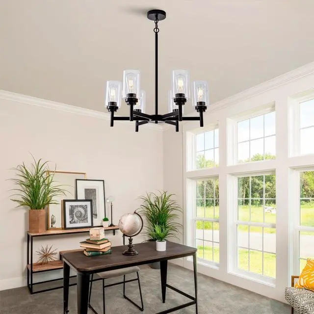 Alt view image 4 of 7 - Farmhouse 6-Light Glass Chandelier, Modern Black Light Fixture for Kitchen Dining Room Over Table, industrial Lighting for Living Room, Foyer, Entryway, E26 Bulb Base