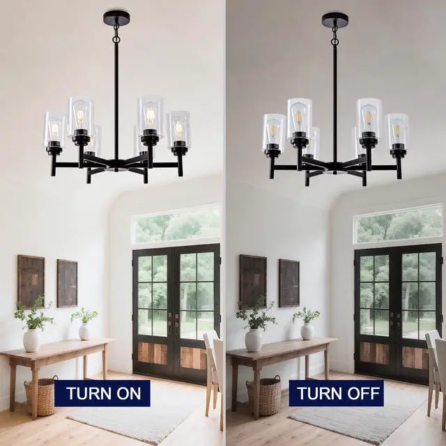 Alt view image 6 of 7 - Farmhouse 6-Light Glass Chandelier, Modern Black Light Fixture for Kitchen Dining Room Over Table, industrial Lighting for Living Room, Foyer, Entryway, E26 Bulb Base