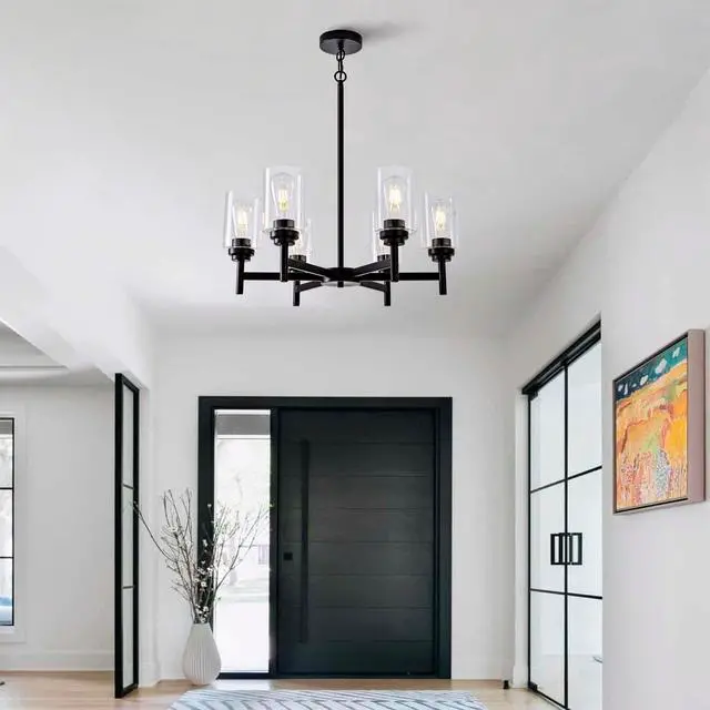 Alt view image 5 of 7 - Farmhouse 6-Light Glass Chandelier, Modern Black Light Fixture for Kitchen Dining Room Over Table, industrial Lighting for Living Room, Foyer, Entryway, E26 Bulb Base