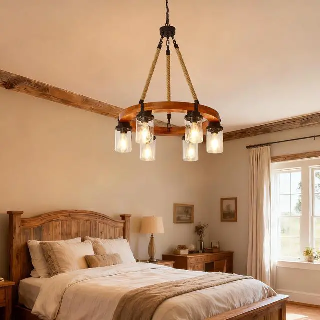 Alt view image 3 of 7 - 23.62 inch Round Wood Pendant Light with Seeded Glass Shade, Rustic 6-Light Wagon Wheel Chandelier,Farmhouse Chandeliers for Dining Room Kitchen Island Foyer Entryway (8 Light)--No included Bulbs