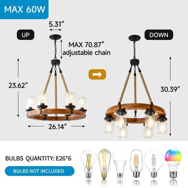 Alt view image 4 of 7 - 23.62 inch Round Wood Pendant Light with Seeded Glass Shade, Rustic 6-Light Wagon Wheel Chandelier,Farmhouse Chandeliers for Dining Room Kitchen Island Foyer Entryway (8 Light)--No included Bulbs