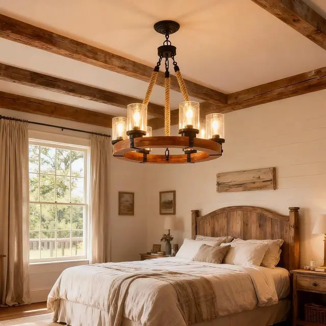 Alt view image 2 of 7 - 23.62 inch Round Wood Pendant Light with Seeded Glass Shade, Rustic 6-Light Wagon Wheel Chandelier,Farmhouse Chandeliers for Dining Room Kitchen Island Foyer Entryway (8 Light)--No included Bulbs
