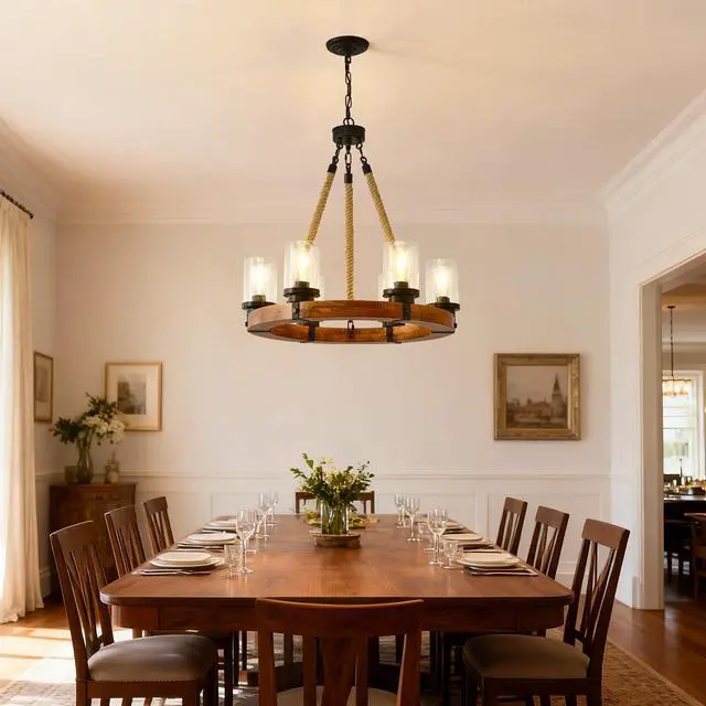 Alt view image 5 of 7 - 23.62 inch Round Wood Pendant Light with Seeded Glass Shade, Rustic 6-Light Wagon Wheel Chandelier,Farmhouse Chandeliers for Dining Room Kitchen Island Foyer Entryway (8 Light)--No included Bulbs