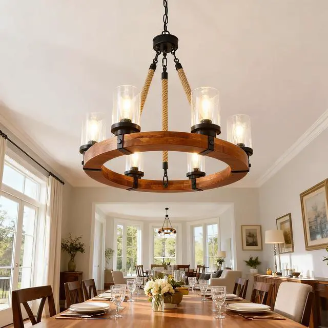 Alt view image 6 of 7 - 23.62 inch Round Wood Pendant Light with Seeded Glass Shade, Rustic 6-Light Wagon Wheel Chandelier,Farmhouse Chandeliers for Dining Room Kitchen Island Foyer Entryway (8 Light)--No included Bulbs