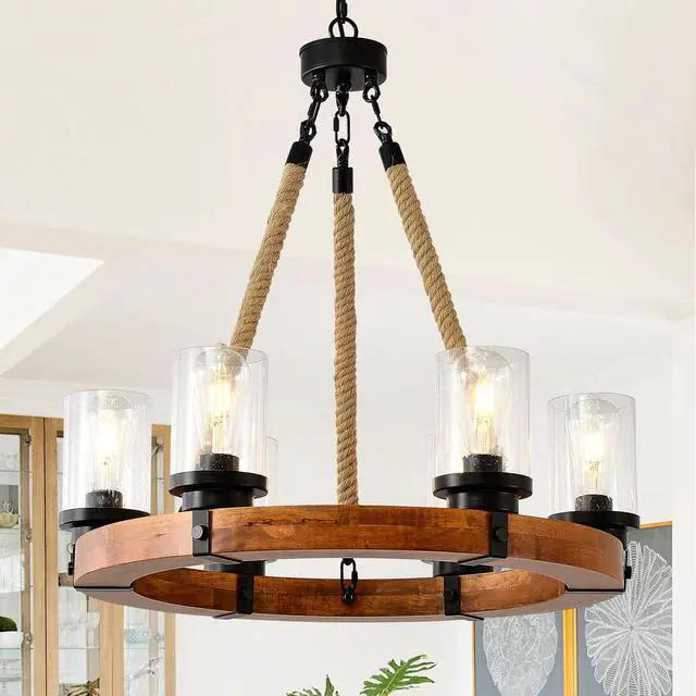 Main image of 23.62 inch Round Wood Pendant Light with Seeded Glass Shade, Rustic 6-Light Wagon Wheel Chandelier,Farmhouse Chandeliers for Dining Room Kitchen Island Foyer Entryway (8 Light)--No included Bulbs