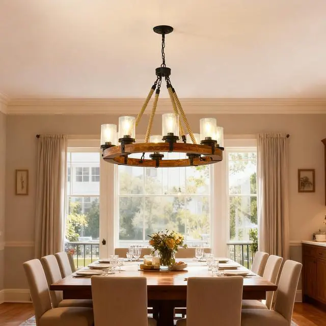 Alt view image 2 of 7 - 8 Light Rustic Wagon Wheel Chandelier,31"Wooden Pendant Light with Seeded Glass Shade, industrial Chandeliers for Dining Room Kitchen Lsland Foyer (Solid one-Piece Wood Frame Design)-No included Bulbs