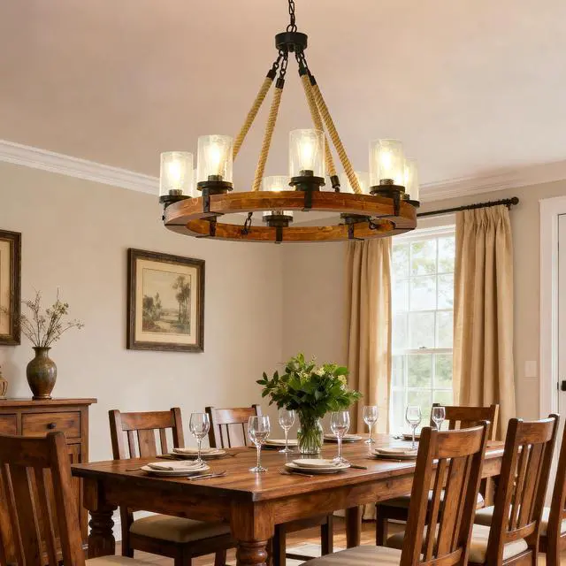 Alt view image 3 of 7 - 8 Light Rustic Wagon Wheel Chandelier,31"Wooden Pendant Light with Seeded Glass Shade, industrial Chandeliers for Dining Room Kitchen Lsland Foyer (Solid one-Piece Wood Frame Design)-No included Bulbs