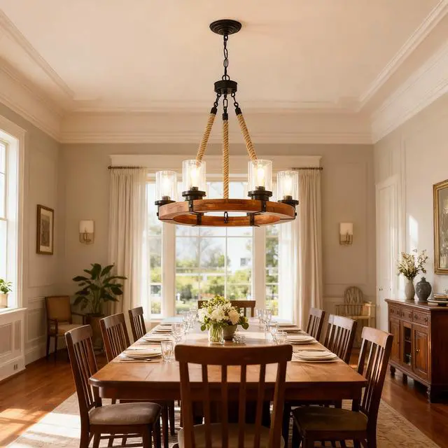 Alt view image 7 of 7 - 23.62 inch Round Wood Pendant Light with Seeded Glass Shade, Rustic 6-Light Wagon Wheel Chandelier,Farmhouse Chandeliers for Dining Room Kitchen Island Foyer Entryway (8 Light)--No included Bulbs