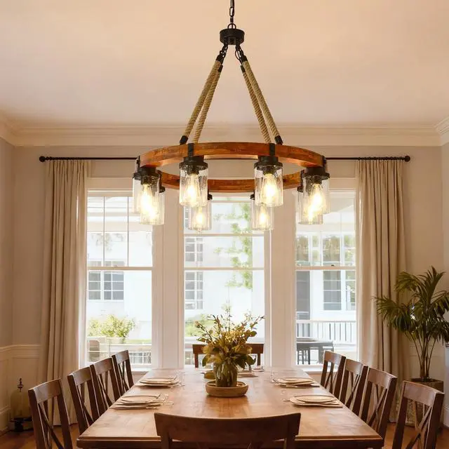 Alt view image 5 of 7 - 8 Light Rustic Wagon Wheel Chandelier,31"Wooden Pendant Light with Seeded Glass Shade, industrial Chandeliers for Dining Room Kitchen Lsland Foyer (Solid one-Piece Wood Frame Design)-No included Bulbs