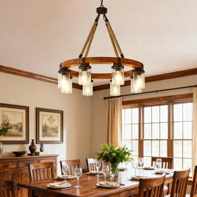 Alt view image 6 of 7 - 8 Light Rustic Wagon Wheel Chandelier,31"Wooden Pendant Light with Seeded Glass Shade, industrial Chandeliers for Dining Room Kitchen Lsland Foyer (Solid one-Piece Wood Frame Design)-No included Bulbs