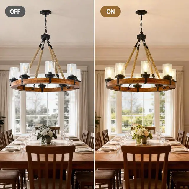 Alt view image 7 of 7 - 8 Light Rustic Wagon Wheel Chandelier,31"Wooden Pendant Light with Seeded Glass Shade, industrial Chandeliers for Dining Room Kitchen Lsland Foyer (Solid one-Piece Wood Frame Design)-No included Bulbs