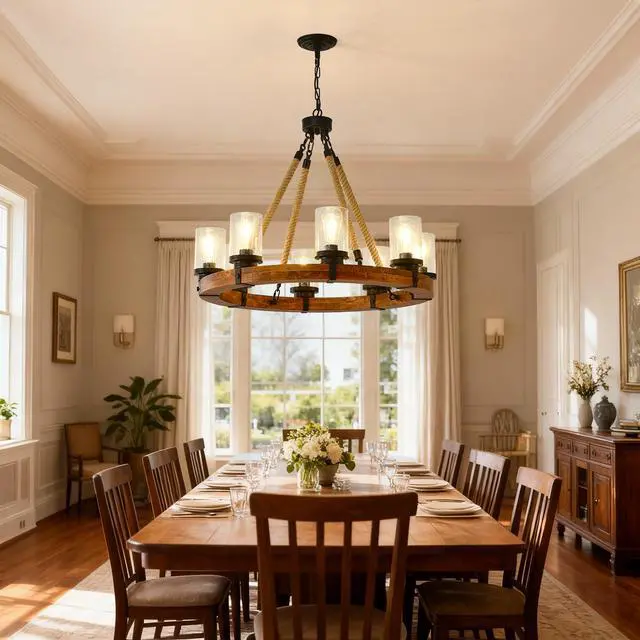 Alt view image 4 of 7 - 8 Light Rustic Wagon Wheel Chandelier,31"Wooden Pendant Light with Seeded Glass Shade, industrial Chandeliers for Dining Room Kitchen Lsland Foyer (Solid one-Piece Wood Frame Design)-No included Bulbs