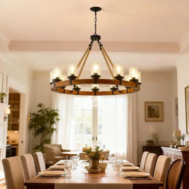 Alt view image 2 of 7 - 12-Light Rustic Wagon Wheel Chandelier,39"Wooden Pendant Light with Seeded Glass Shade,industrial Chandeliers for Dining Room Kitchen Lsland Foyer (Solid one-Piece Wood Frame Design)-No included Bulbs