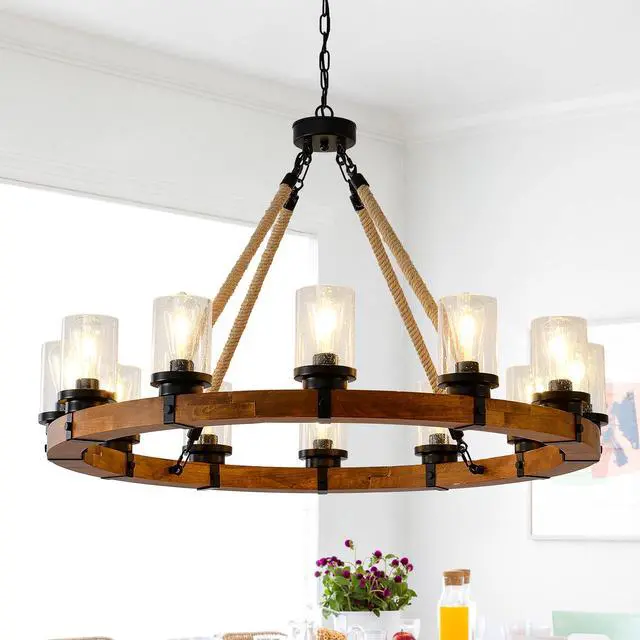 Main image of 12-Light Rustic Wagon Wheel Chandelier,39"Wooden Pendant Light with Seeded Glass Shade,industrial Chandeliers for Dining Room Kitchen Lsland Foyer (Solid one-Piece Wood Frame Design)-No included Bulbs