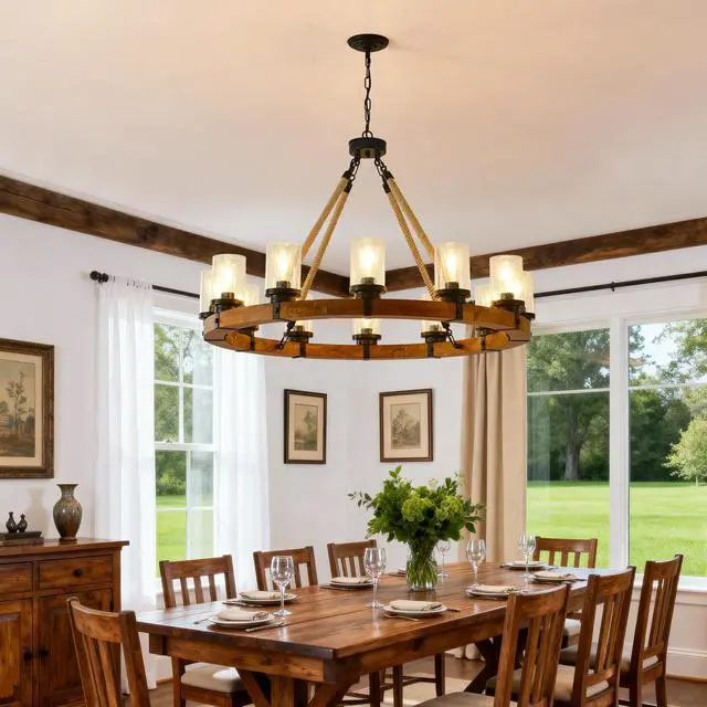 Alt view image 3 of 7 - 12-Light Rustic Wagon Wheel Chandelier,39"Wooden Pendant Light with Seeded Glass Shade,industrial Chandeliers for Dining Room Kitchen Lsland Foyer (Solid one-Piece Wood Frame Design)-No included Bulbs