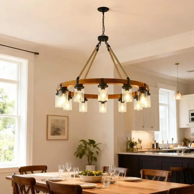 Alt view image 6 of 7 - 12-Light Rustic Wagon Wheel Chandelier,39"Wooden Pendant Light with Seeded Glass Shade,industrial Chandeliers for Dining Room Kitchen Lsland Foyer (Solid one-Piece Wood Frame Design)-No included Bulbs