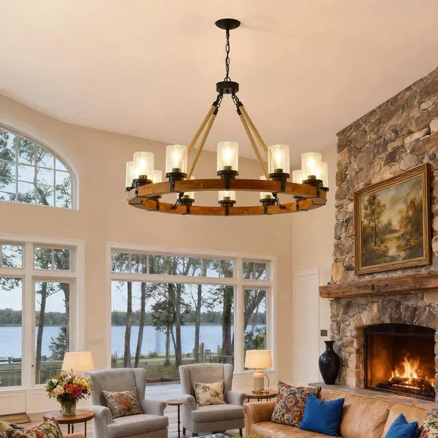 Alt view image 4 of 7 - 12-Light Rustic Wagon Wheel Chandelier,39"Wooden Pendant Light with Seeded Glass Shade,industrial Chandeliers for Dining Room Kitchen Lsland Foyer (Solid one-Piece Wood Frame Design)-No included Bulbs