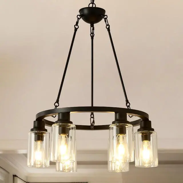 Main image of 6-Light Black Wagon Wheel Chandelier with Light(No Bulbs) for Bedroom Bathroom--E26