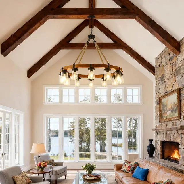Alt view image 5 of 7 - 12-Light Rustic Wagon Wheel Chandelier,39"Wooden Pendant Light with Seeded Glass Shade,industrial Chandeliers for Dining Room Kitchen Lsland Foyer (Solid one-Piece Wood Frame Design)-No included Bulbs