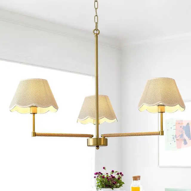 Main image of 3-Light Contemporary Rope + Fabric Shade Chandelier,Gold Chandelier,Chandelier Romantic Golden,Adjustable Pendant Lights Living Room Dining Room Decoration Lamp Custom Hotel Project Lighting - Gold-