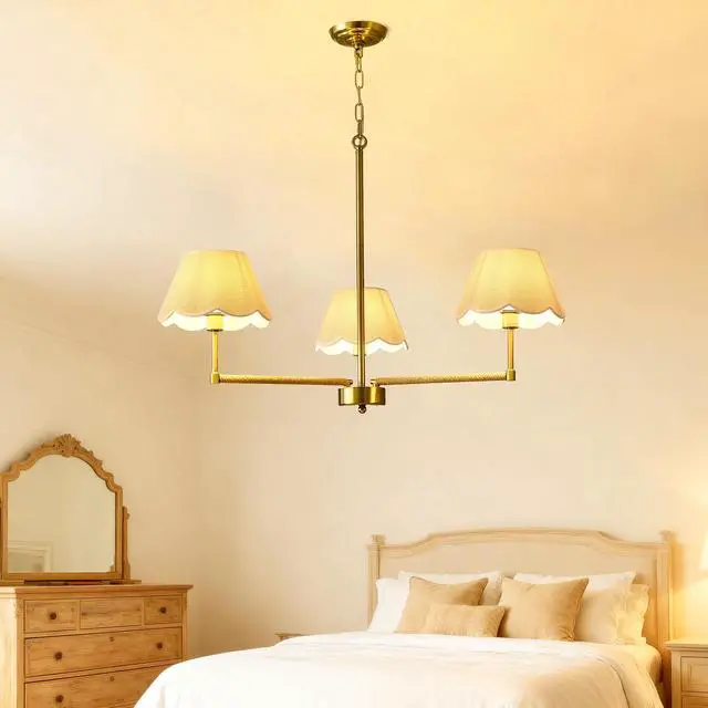 Alt view image 2 of 7 - 3-Light Contemporary Rope + Fabric Shade Chandelier,Gold Chandelier,Chandelier Romantic Golden,Adjustable Pendant Lights Living Room Dining Room Decoration Lamp Custom Hotel Project Lighting - Gold-