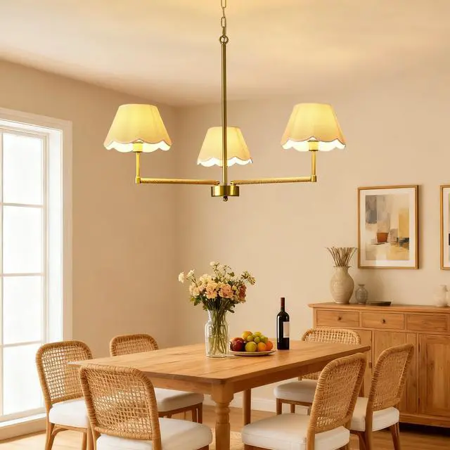 Alt view image 5 of 7 - 3-Light Contemporary Rope + Fabric Shade Chandelier,Gold Chandelier,Chandelier Romantic Golden,Adjustable Pendant Lights Living Room Dining Room Decoration Lamp Custom Hotel Project Lighting - Gold-